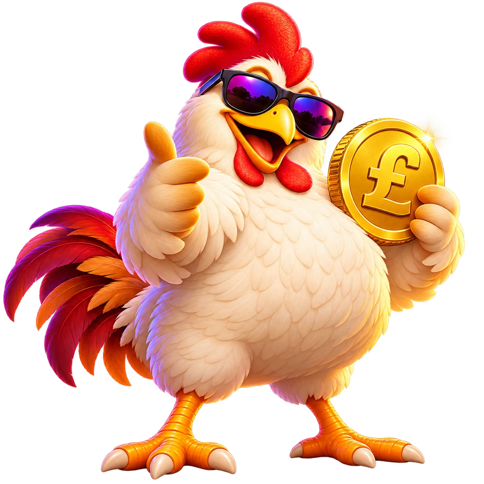 A happy Big Fat Chicken Dude holding a gold pound coin and giving a thumbs up.