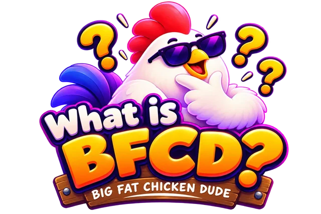 A chicken in sunglasses asking: What is BFCD? Big Fat Chicken Dude